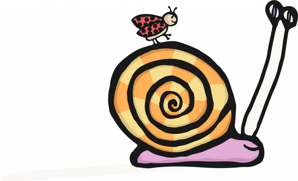 A red ladybug sitting on top of a snail that has a yellow and orange shell and purple body.