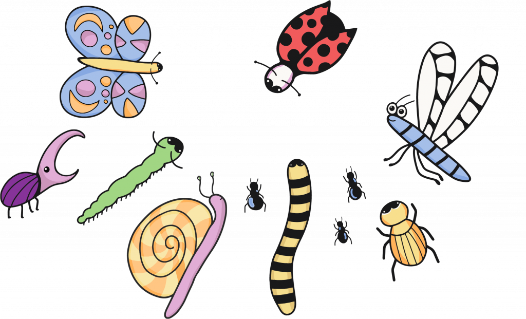 A picture of a group of insects and bugs. A pink butterfly with an orange body and yellow marks on its wings. A bee with white wings and a yellow and black body. A red ladybug. A blue butterfly with pink marks on its wings and a yellow body. A green centipede. An orange and black millipede. Three ants with black and pink bodies.