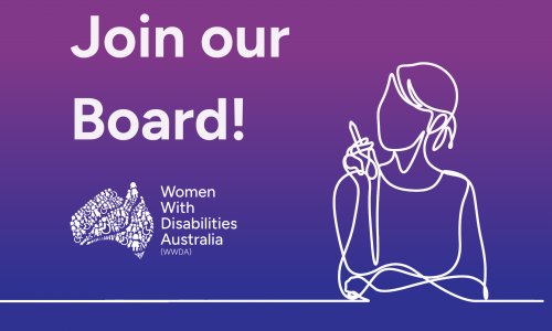 A purple and blue gradient background. White text says "Join our Board!". The white WWDA logo is below the text. On the right side is a line drawing of a woman with a short ponytail holding a pencil.