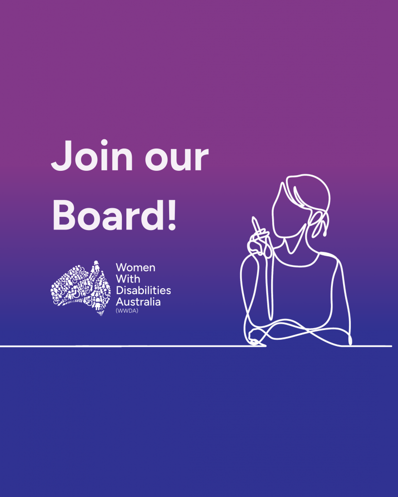 A purple and blue gradient background. White text says "Join our Board!". The white WWDA logo is below the text. On the right side is a line drawing of a woman with a short ponytail holding a pencil.