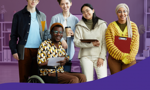 Image of five people with different backgrounds, ethnicities and disabilities. One is in a wheelchair. Braille for IDPWD is in the top-left corner. White text says International Day of People with Disability.