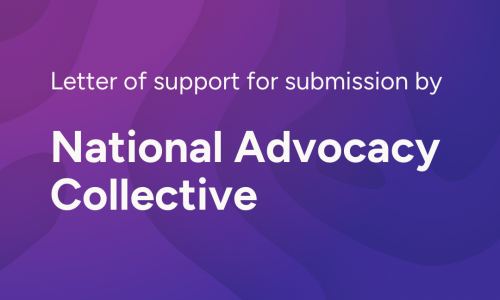 The background is an organic shape gradient from purple to blue. White text reads JLetter of support for submission by National Advocacy Collective