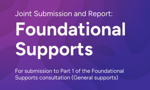 The background is an organic shape gradient from purple to blue. White text reads Joint Submission and Report: Foundational Supports. Submission for Part 1 of the Foundational Supports consultation (General Supports). Along the bottom of the image is the logo's of the three organisations that developed the submission. WDV, WWDACT, WWDA.