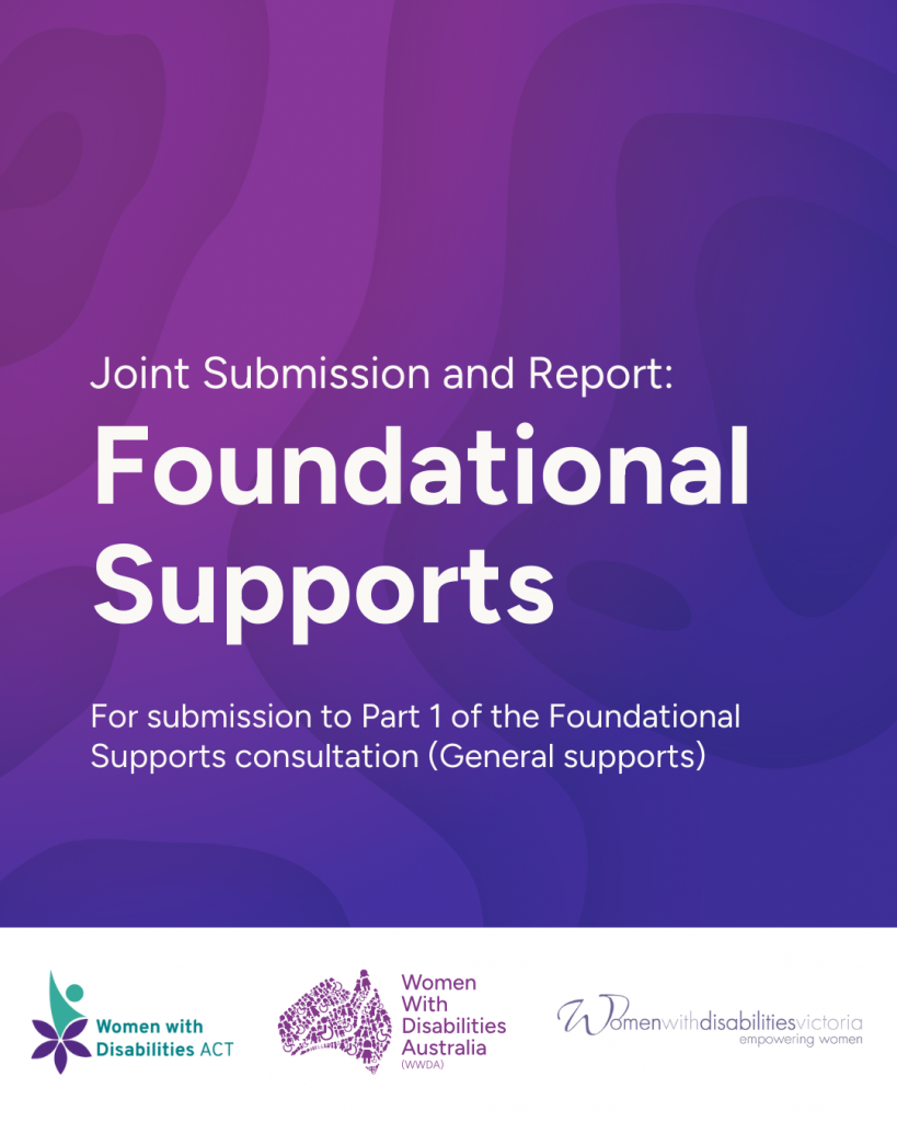 The background is an organic shape gradient from purple to blue. White text reads Joint Submission and Report: Foundational Supports. Submission for Part 1 of the Foundational Supports consultation (General Supports). Along the bottom of the image is the logo's of the three organisations that developed the submission. WDV, WWDACT, WWDA.