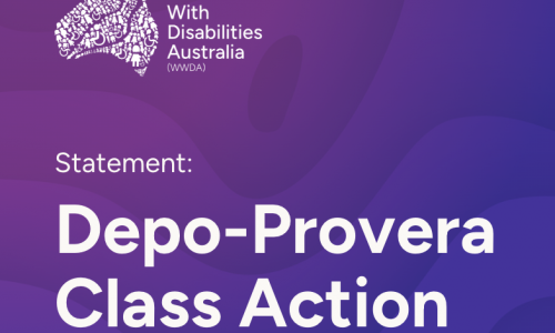 Purple to blue gradient background. WWDA logo in top-left corner. White text says: "Statement: Depo-Provera Class Action".