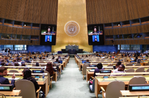 A wide shot of Sophie speaking at COSP18.